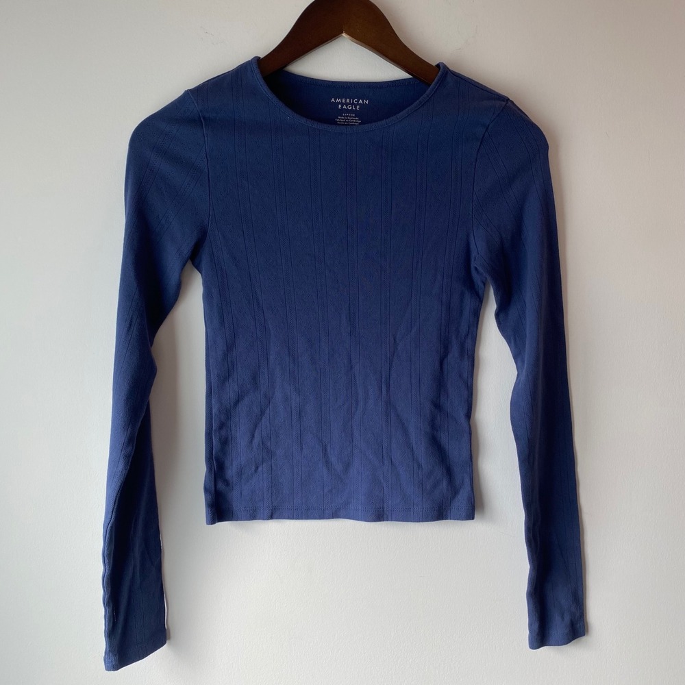 American Eagle Top Kids S Blue Pointelle Long Sleeve Crewneck Ribbed Knit